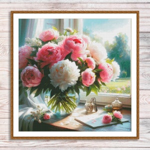 Boeket pioenrozen geteld kruissteekpatroon roze pioenrozen Vintage digitale bloemenpatroon roze pioenrozen borduurwerk borduursteekkaart PDF