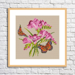 Bloemen en vlinders Cross Stitch Patroon Digitaal Patroon PDF Modern Decor Wilde Bloemen Patroon Boeket Borduurnaaldpunt Grafiek