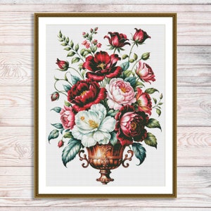 Mand boeket rozen geteld kruissteekpatroon vintage bloemenborduurwerk digitaal patroon rode rozen borduren borduurpatroon