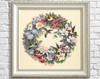 Hummingbird Wreath Cross stitch pattern Floral bird pattern White pink fuchsia Wild flower pattern Bouquet embroidery Needlepoint chart PDF