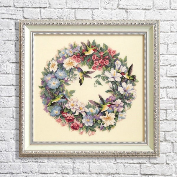 Hummingbird Wreath Cross stitch pattern Floral bird pattern White pink fuchsia Wild flower pattern Bouquet embroidery Needlepoint chart PDF