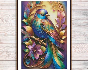 Magic Bird Cross Stitch Pattern Bird on a branch Rainbow Bird Bird Flowers Pattern Animal Floral Embroidery Hand Needlepoint Chart PDF