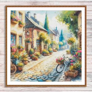 Sunny Street Counted Cross Stitch Pattern Village Cottage Flowers Floral House Hand Embroidery Needlepoint Chart Building Summer Landscape