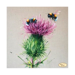 May include: A painting of a purple thistle with two bumblebees on it. The thistle is in focus and the bees are out of focus. The background is a light brown.