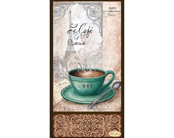 Op de afbeelding: Een vintage-achtige illustratie van een stomende kop koffie met de tekst "Le Cafe de Paris" erboven. De afbeelding is tegen een achtergrond van een Parijse stadsgezicht met de Eiffeltoren in de verte.