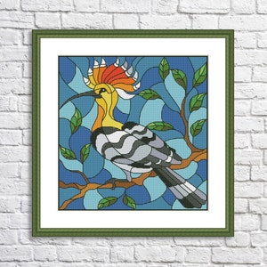 Hoopoe Bird Cross Stitch Pattern Stained glass style Pattern Modern Decor Tropical Tree Branch Pattern PDF Embroidery Needlepoint chart
