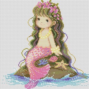 May include: A cross-stitch pattern of a mermaid with pink and yellow scales, sitting on a rock with a starfish. She has long brown hair with pink flowers and a pearl necklace.
