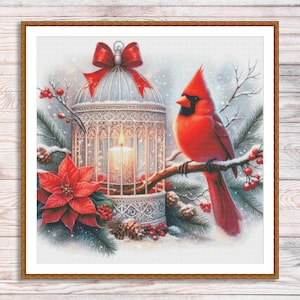 Padrão de ponto cruz de lanterna de natal, árvore de natal, pássaros de inverno, vela, decoração de costura para casa, presente, padrão de bordado, gráfico de ponto cruz
