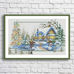 Winter Sonata Counted Cross Stitch Pattern Christmas village Snowman Winter landscape Hand Embroidery Needlepoint Chart Cottage Pattern PDF
