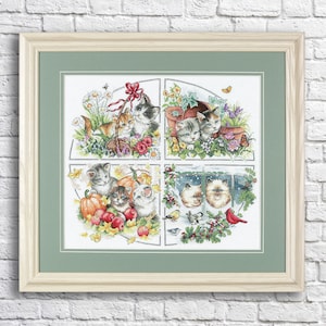Four Season Kittens Cross Stitch Pattern Digital Pattern Modern Wall Decor Xstitch Pattern Animal Embroidery Needlepoint Modern Cross Stitch