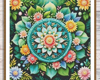 マンダラクロスステッチパターン蓮の花のパターンモダン刺繍パターン民族マンダラデザイン針仕事チャート色スペクトル