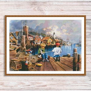Fishing by the sea #2 Counted Cross Stitch Pattern Digital Pattern Modern Decor Landscape Pattern Hand Embroidery Needlepoint Seagulls Sea