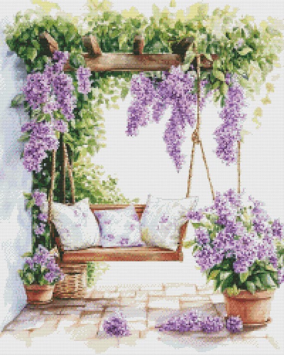 Garden Swing Cross Stitch Pattern, Lilac Flowers Embroidery Design