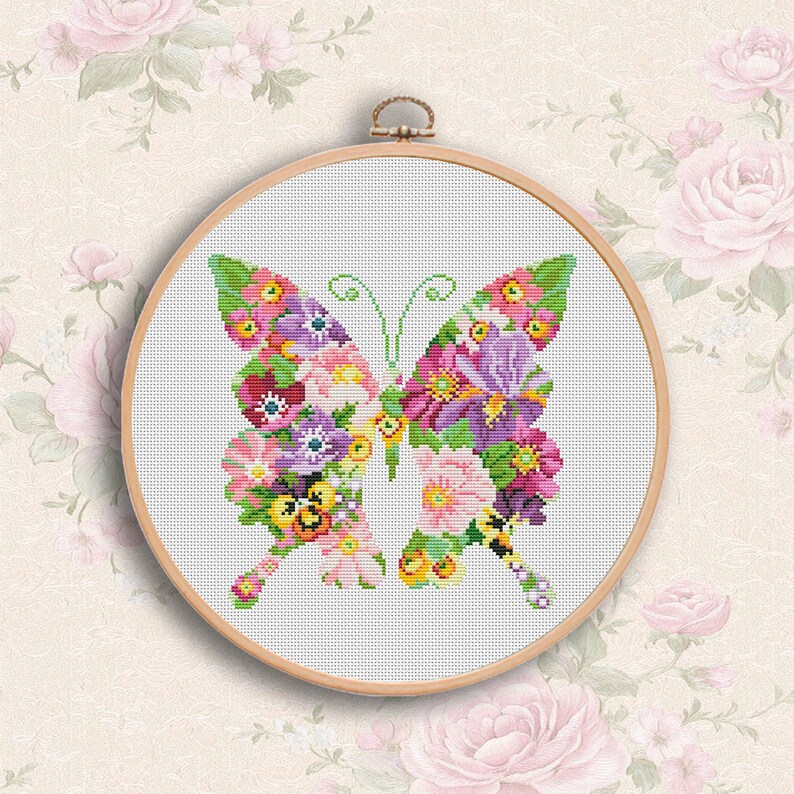 Blooming Butterfly Cross Stitch Pattern Flowers Embroidery Etsy