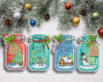 Christmas Cross Stitch Pattern Christmas Jar ornaments set Winter Xmas Embroidery Home Stitching Decor Embroidery Pattern Needlepoint Chart