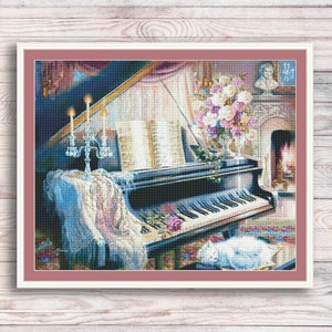 Piano geteld kruissteekpatroon piano open haard kaars kat boeket bloemen sjaal boeket borduurwerk borduren naaldpunt grafiek Instant download