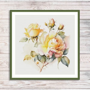 Aquarel rozen tak geteld kruissteekpatroon gele bloemen Tak van tuinbloemen Vintage bloemen digitaal borduurpatroon pdf