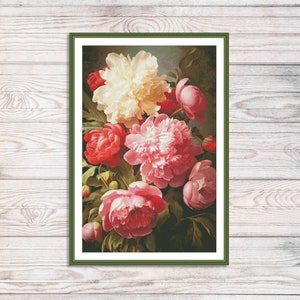 Boeket pioenrozen geteld kruissteekpatroon boeket rozen vintage digitaal bloemenpatroon roze pioenrozen borduren borduurpatroon
