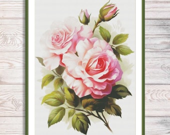 Pink Roses Bouquet Cross Stitch Pattern Digital Pattern Modern Decor Summer Flower Floral Embroidery Needlepoint Chart Instant Download PDF