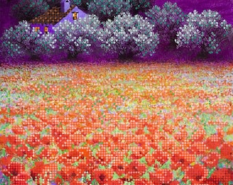 May include: A painting of a field of red poppies under a crescent moon and a starry night sky. The field is surrounded by trees and a small house in the distance. The painting is done in a style that is reminiscent of impressionism.