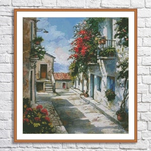 Sunny Street Counted Cross Stitch Pattern Village Cottage Flowers Floral House Hand Embroidery Needlepoint Chart Building Summer Landscape