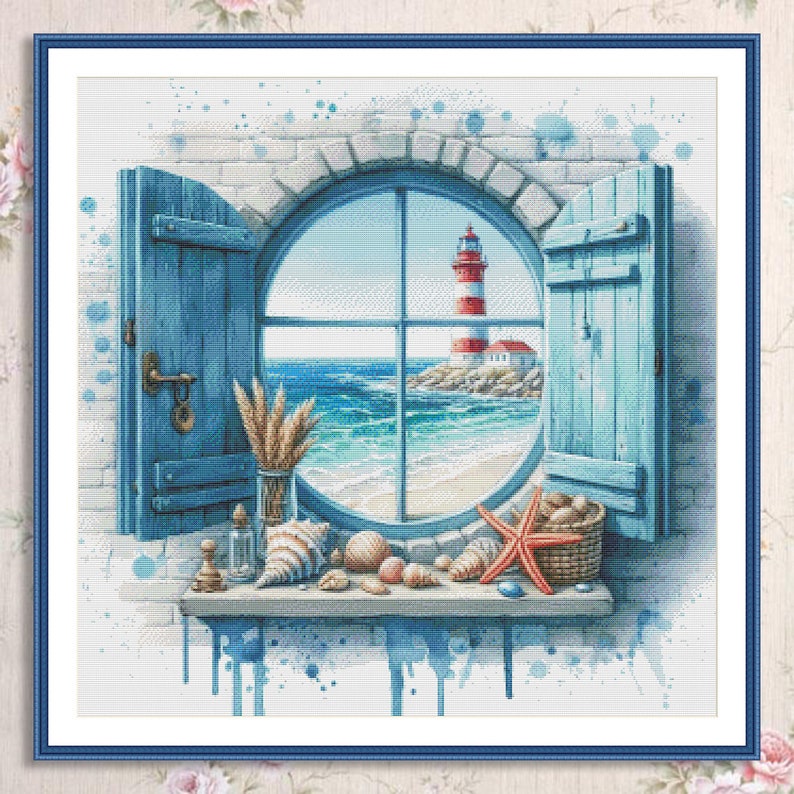 Sea View Window Lighthouse Counted Cross Stitch Pattern Shells Seascape ...