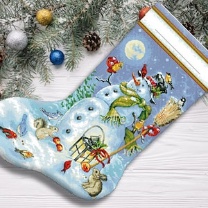 Snowman Friends Christmas Stocking Counted Cross Stitch Pattern Santa Embroidery Hand Xstitch Decor Embroidery Chart Needlepoint Chart