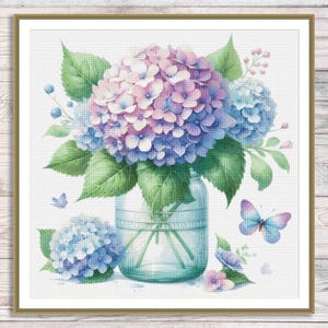 Hortensia geteld kruissteekpatroon Digitaal patroon Modern bloemendecorpatroon Zomerbloem borduren borduurpatroon PDF downloaden