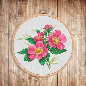 Kruissteekpatroon Donkerroze Wilde Rozen Digitaal Patroon Modern Decor Bloem Xstitch Patroon Bloemenborduurwerk Borduurpatroon Downloaden