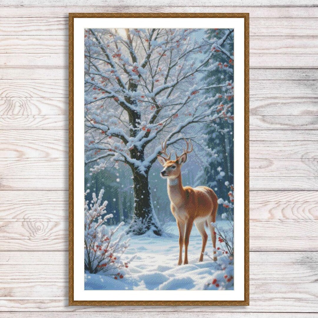 Deer Counted Cross Stitch Pattern Winter Forest Snow Modern Embroidery ...