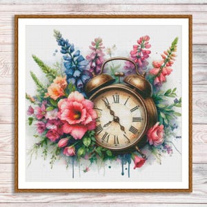 Vintage klok geteld kruissteekpatroon boeket lila vintage digitaal bloemenpatroon gele rozen borduren borduurpatroon