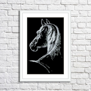 Kreuzstichmuster Silhouette Pferdekopf Monochrom Digitales Muster Modernes Pferd Stickerei Nadelspitze Stickmuster Wildtier Tiere
