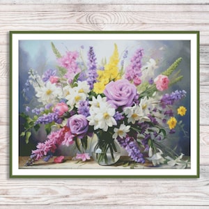 Zomerboeket geteld kruissteekpatroon Boeket rozen Vintage digitaal bloemenpatroon Wildflower borduren borduurpatroon download