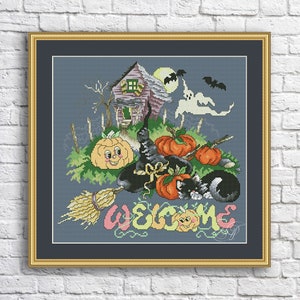 Halloween Cross Stitch Pattern Haunted Hospitality Black Cat Embroidery Xstitch Decor Pumpkin Bats Bringing Needlepoint Chart Cross Stitch