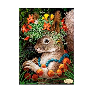 May include: A brown squirrel wearing a flower crown and a blue beaded necklace. The squirrel is surrounded by green foliage and orange berries.