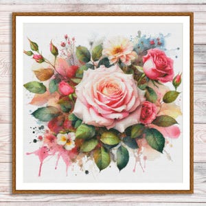Boeket rozen geteld kruissteekpatroon Vintage bloemenborduurwerk Digitaal patroon PDF Rode rozen borduren borduurpatroon
