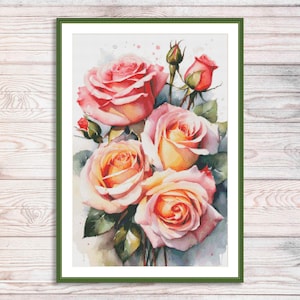 Aquarel rozen tak geteld kruissteekpatroon rode bloemen tak van tuin bloemen vintage bloemen digitaal borduurpatroon pdf