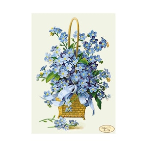 May include: A woven basket filled with a bouquet of blue forget-me-not flowers with a blue ribbon tied around the handle. The basket is hanging from a hook. The background is a light green.