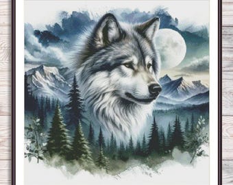 Wolf Eyes Cross Stitch Pattern Forest Landscape Pattern Needlepoint Chart Wolf Embroidery Cross Stitch Animal Pattern Woodland Spirit