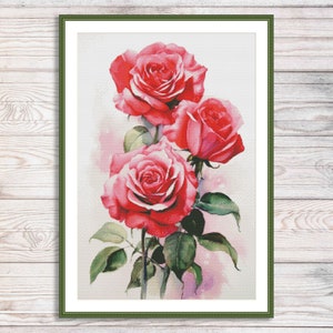 Aquarel rozen tak geteld kruissteekpatroon rode bloemen tak van tuin bloemen vintage bloemen digitaal borduurpatroon pdf