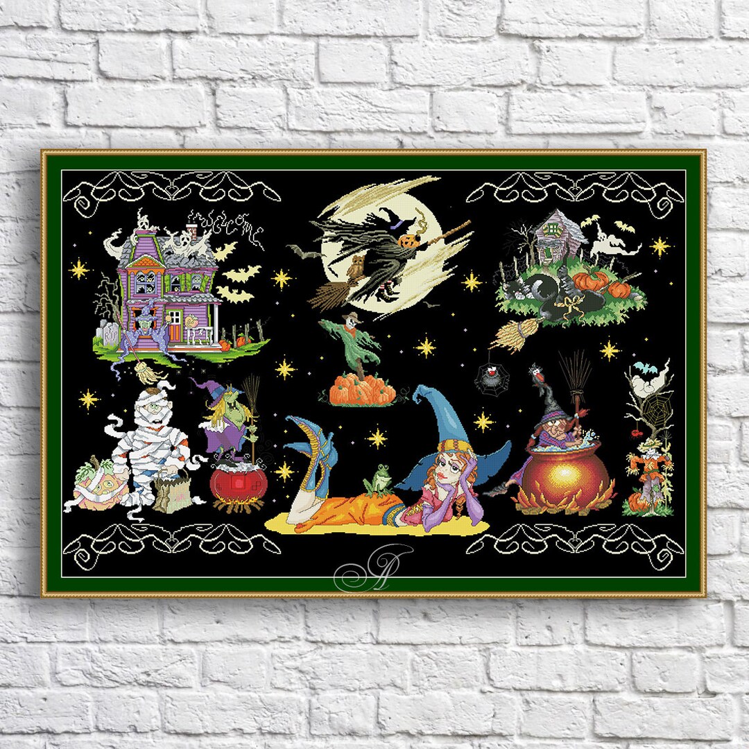 Halloween Sampler Cross Stitch Pattern Black Cat Haunted House ...