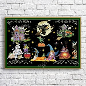 Halloween Sampler Kreuzstich Muster schwarze Katze Spukhaus Stickerei Xstitch Dekor Kürbis Fledermäuse Bringing Needlepoint Chart Kreuzstich