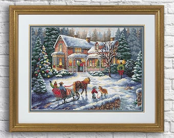 Coming home for the holidays Counted Cross Stitch Pattern Christmas Village Winter Landscape Hand Embroidery Needlepoint Chart Cottage PDF