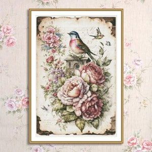 Vintage Vogel #02 Kruissteekpatroon Vogels op een tak Lentevogel Xstitch Patroon Dierenborduurwerk Bloemen Handnaaldkaart PDF