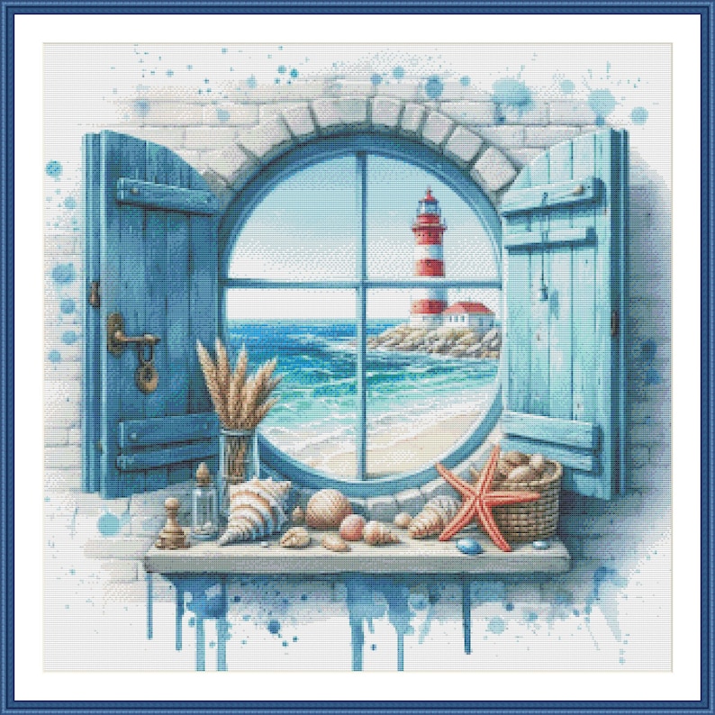 Sea View Window Lighthouse Counted Cross Stitch Pattern Shells Seascape ...