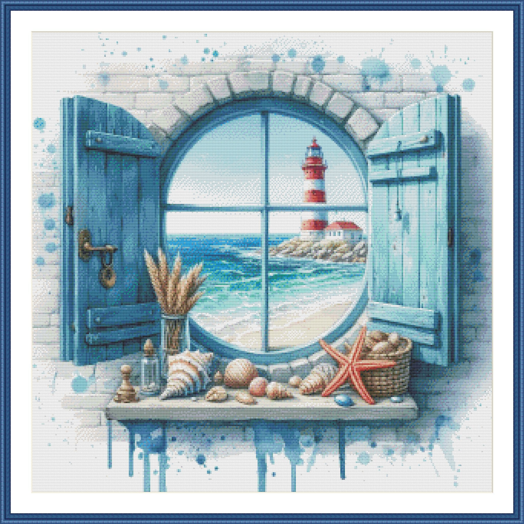 Sea View Window Lighthouse Counted Cross Stitch Pattern Shells Seascape ...