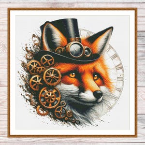 May include: A detailed illustration of a fox with orange and white fur, wearing a black top hat and steampunk goggles. Gold gears and a clock face are incorporated into the design, creating a unique, artistic image.