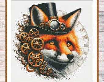 Steampunk Fox Cross Stitch Pattern Fox with Gears and Goggles Embroidery Design Modern Animal  Needlepoint chart Hand Counted cross stitch