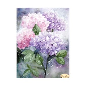 May include: A watercolor painting of a bouquet of pink and purple hydrangeas with green leaves. The flowers are in a soft focus and the background is a light blue.