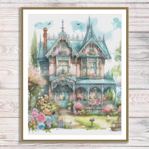Victorian Cottage Counted Cross Stitch Pattern Summer Landscape Pattern Hand Embroidery Needlepoint Chart Cottage Digital Pattern